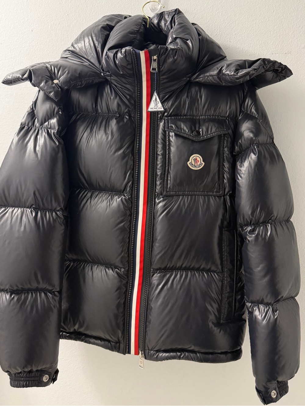 Moncler Black Glossy Puffer Jacket with Red-White Trim